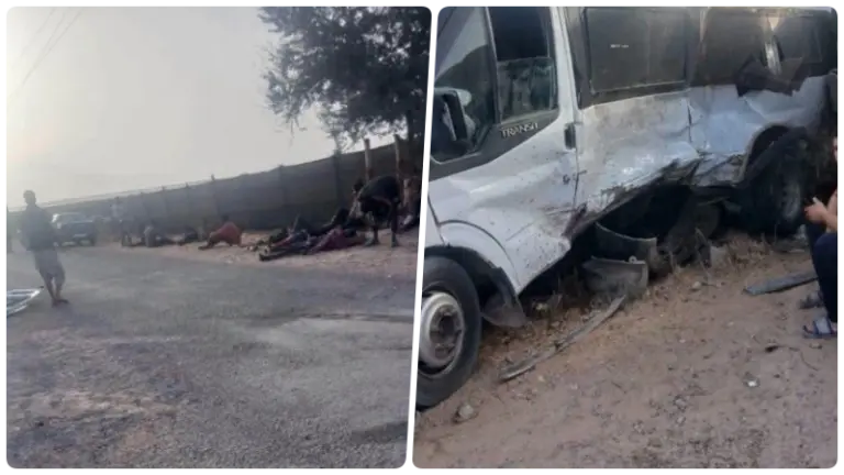 أصيب 14 شخصا بجروح متفاوتة الخطورة، صباح السبت، إثر حادث اصطدام بين حافلة مخصصة لنقل العمال الزراعيي… أصيب 14 شخصا بجروح متفاوتة الخطورة، صباح السبت، إثر حادث اصطدام بين حافلة مخصصة لنقل العمال الزراعيي…